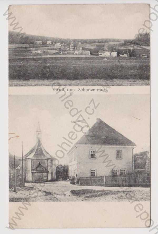  - Valy (Krompach) - celkový pohled, kostel, škola  Česká Lípa 