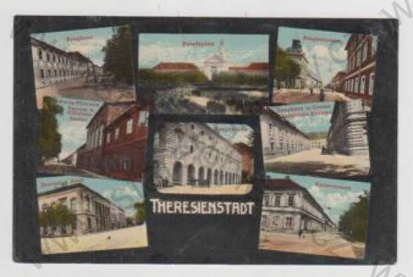 - Terezín (Theresienstadt) - Litoměřice, více záběrů, pohled ulicí, kostel, Deutsches haus, kolorovaná, koláž
