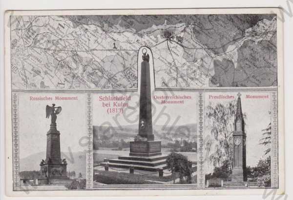  - Chlumec - ruský pomník, rakouský pomník, pruský pomník, mapa, koláž