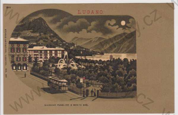  - Švýcarsko - Lugano - Giardino Pubblico E monte Bré, TRAMVAJ, noční, koláž