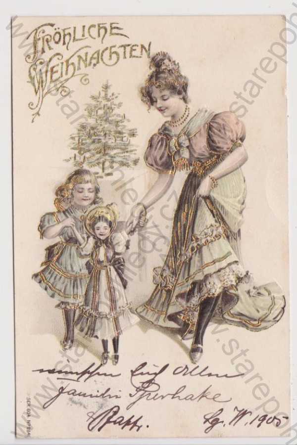  - Vánoce - žena s dětmi, plastická, zlacená, litografie, kolorovaná, DA