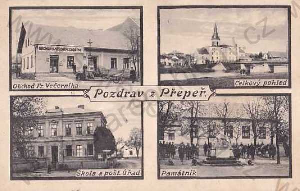  - Přepeře, Semily, více záběrů, celkový pohled, obchod, škola, památník, pošta