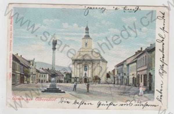 - Albrechtice (Olbelsdorf) - Bruntál, náměstí, kostel, sloup, kolorovaná, DA