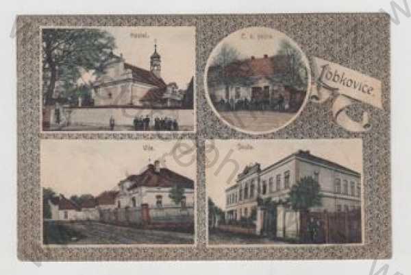  - Lobkovice (Mělník), více záběrů, kostel, pošta, škola, vila, kolorovaná, koláž