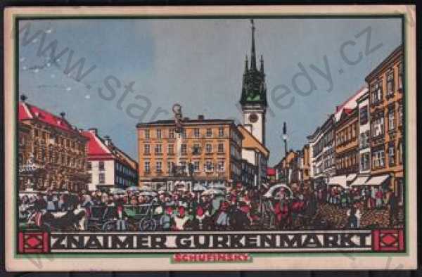  - Znojmo (Znaimer Gurkenmarkt), náměstí, trhy, kůň, kostel, kašna, barevná, kresba