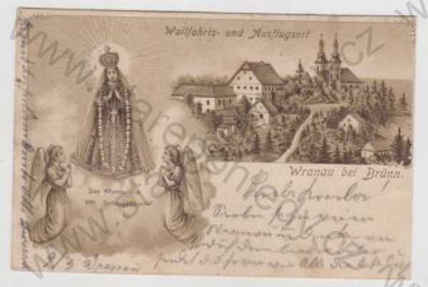  - Vranov (Wranau) - Brno venkov, Madona, anděl, náboženství, kostel, částečný záběr města, litografie, DA