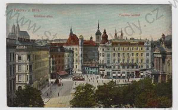  - Brno, pohled ulicí, tramvaj, Terezino koliště, kolorovaná