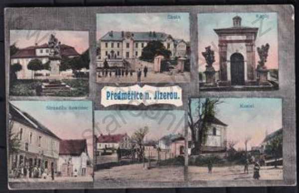  - Předměřice nad Jizerou (Mladá Boleslav), barevná, více záběrů, pohled ulicí, hostinec, kaple, kostel, škola