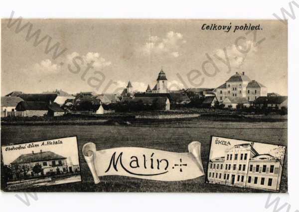  - Malín, Kutná Hora, koláž, více záběrů, škola, celkový pohled, obchodní dům