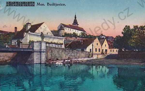  - Moravské Budějovice, M. Budwitz, Třebíč, zámek, celkový pohled, řeka, kolorovaná