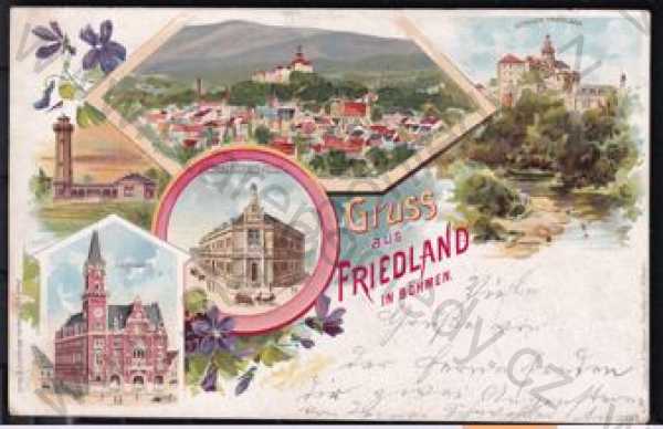  - Frýdlant (Friedland), kolorovaná, více záběrů, zámek, vyhlídka, radnice, částečný záběr města, DA