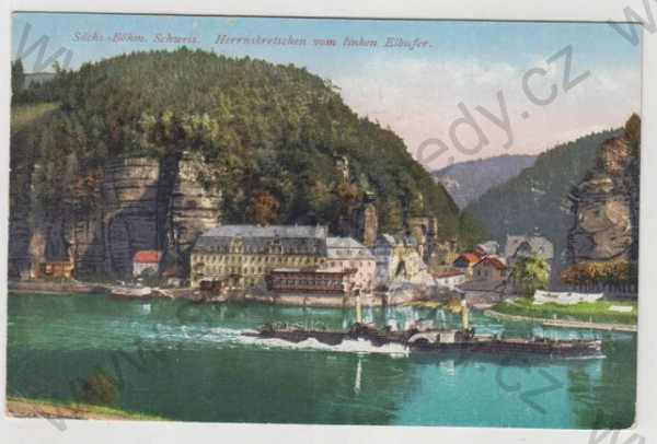  - Hřensko (Herrnskretschen) - Děčín, České Švýcarsko, řeka, loď, parník, částečný záběr města, kolorovaná