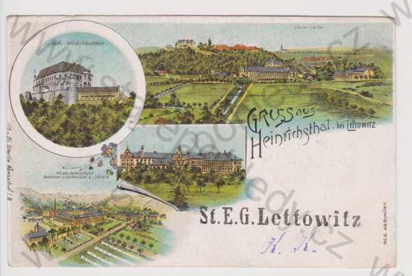  - Jindřichov (Letovice - celkový pohled, zámek, továrna, litografie, DA, koláž, kolorovaná