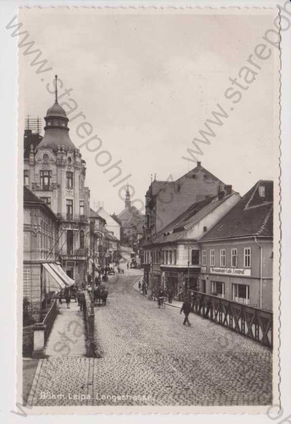  - Česká Lípa - Dlouhá ulice, restaurace a kavárna Central, kavárna Union, kůň, most