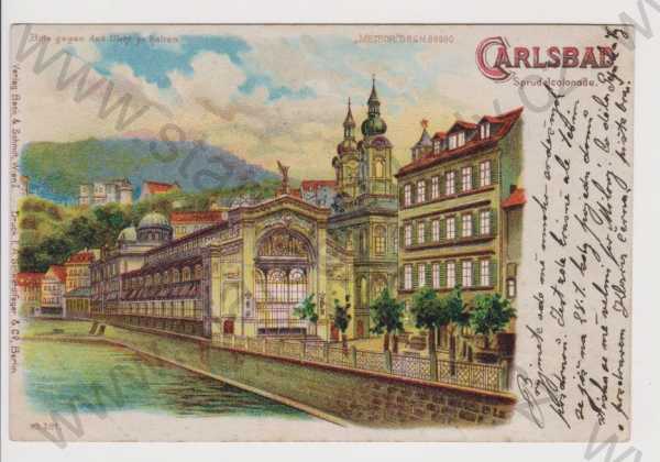  - Karlovy Vary - Vřídelní kolonáda, proti světlu, litografie, kolorovaná, DA
