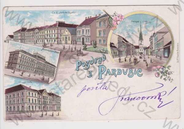  - Pardubice - jízdecká kasárna, Královská třída, škola, litografie, DA, koláž, kolorovaná