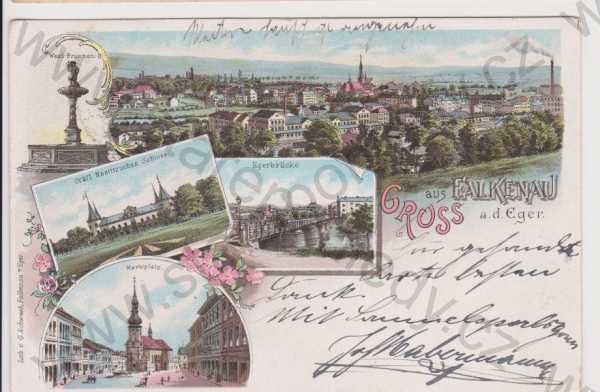  - Sokolov - celkový pohled, most přes Ohře, náměstí, zámek, kašna, litografie, DA, koláž, kolorovaná
