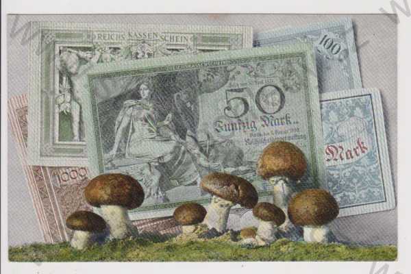  - Přání - bankovky, houby, koláž, kolorovaná