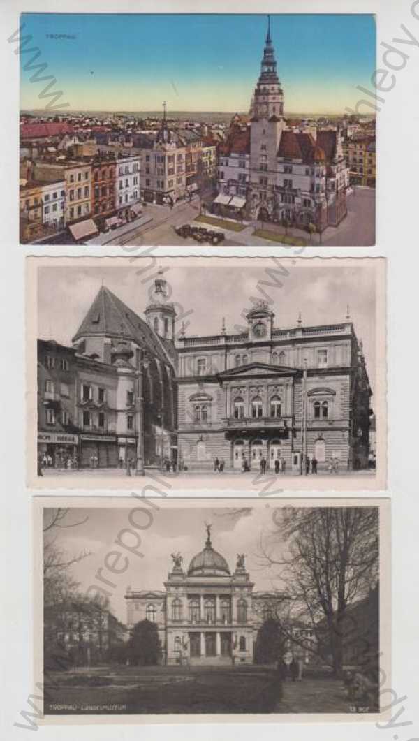  - 3x Opava (Troppau), náměstí, radnice, divadlo, muzeum, kostel, kolorovaná