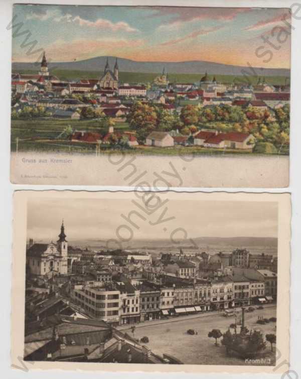  - 2x Kroměříž, celkový pohled, kolorovaná, náměstí, kostel, částečný záběr města