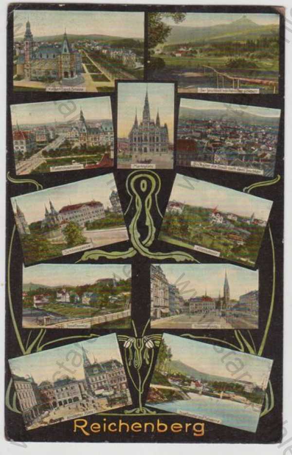  - Liberec (Reichenberg), více záběrů, pohled ulicí, náměstí, radnice, celkový pohled, zámek, řeka, částečný záběr města, kolorovaná, koláž