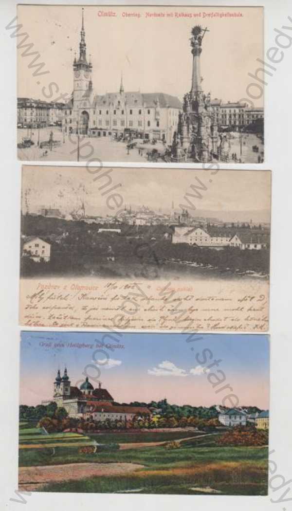  - 3x Olomouc (Olmütz), náměstí, kůň, povoz, radnice, celkový pohled, Svatý Kopeček, kolorovaná