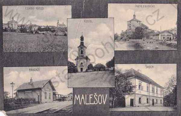  - Malešov, Kutná Hora, více záběrů, kostel, celkový pohled, nádraží, škola, rybník