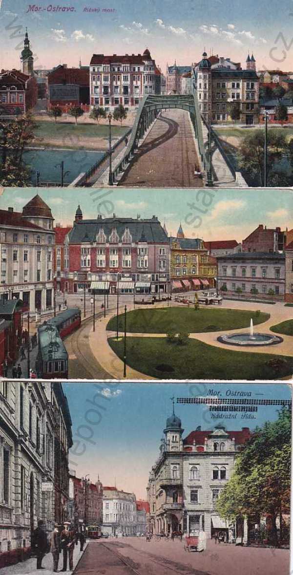  - Moravská Ostrava, Ostrava, 3 ks, kolorovaná, most, náměstí, Nádražní třída