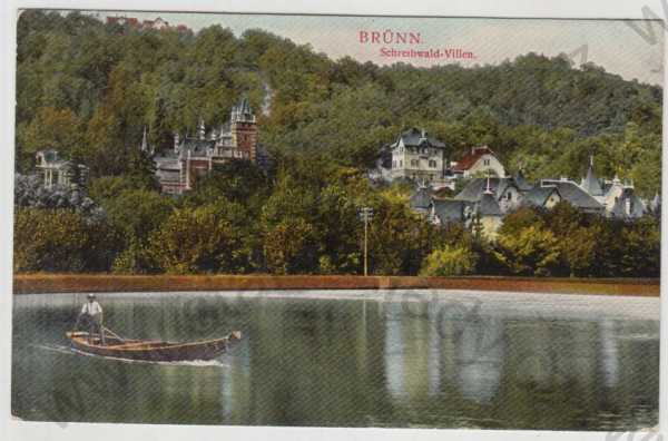  - Brno - Pisárky (Brünn - Schreibwald), vila, řeka, loď, kolorovaná