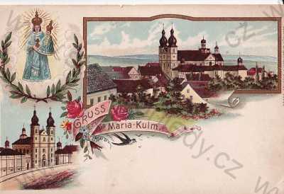  - Chlum sv. Máří - Maria Kulm (Sokolov - Falkenau), celkový pohled, kostel, kolorovaná, kresba, Jezulátko
