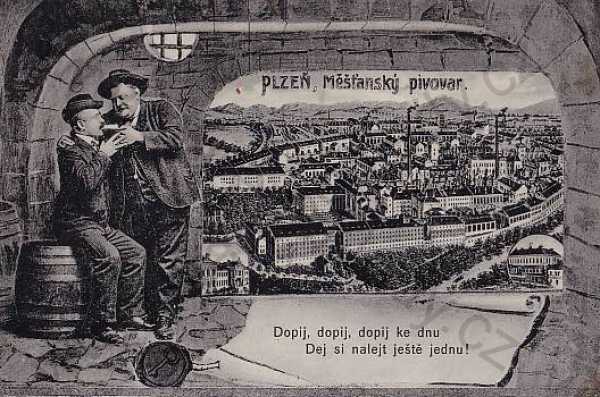  - Plzeň - Pilsen, celkový pohled, pivovar, pijáci