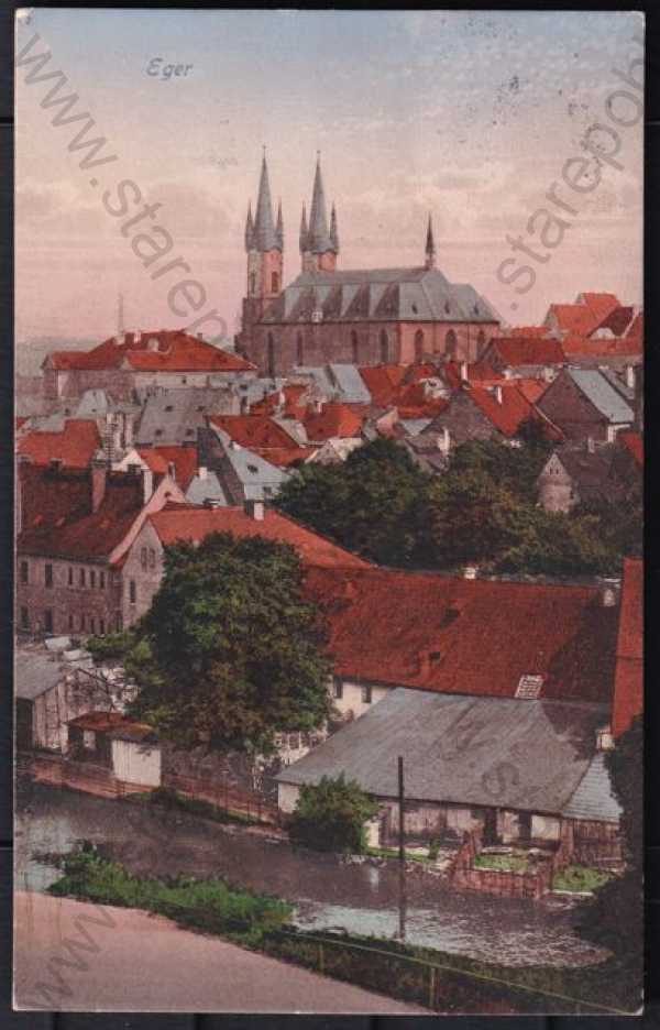  - Cheb (Eger), barevná, kostel sv. Mikuláše a Alžběty, řeka, částečný záběr města