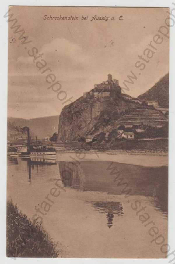  - Hrad Střekov (Schreckenstein) - Ústí nad Labem, řeka, loď, parník