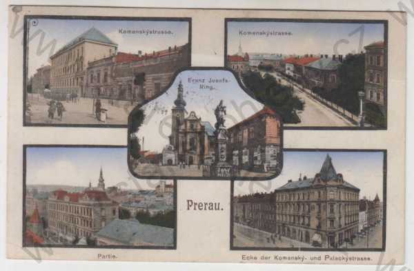  - Přerov (Prerau), více záběrů, pohled ulicí, náměstí, partie, kostel, částečný záběr města, kolorovaná
