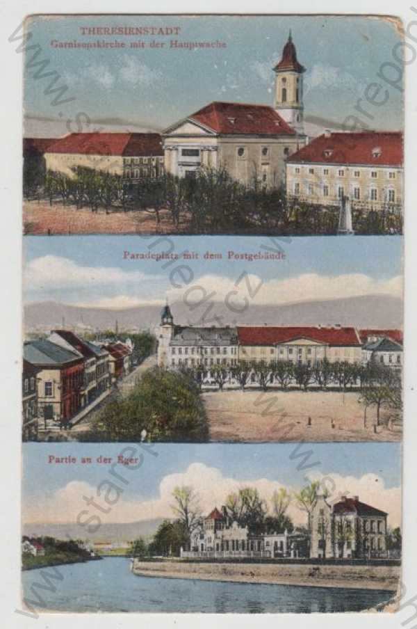  - Terezín (Theresienstadt) - Litoměřice, více záběrů, kostel, náměstí, pošta, partie, řeka, kolorovaná