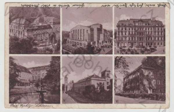  - Teplice (Teplitz), více záběrů, divadlo, kašna, částečný záběr města