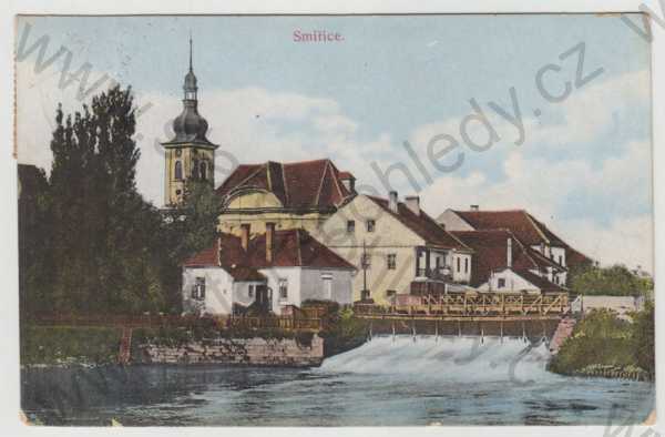  - Smiřice (Hradec Králové), kostel, řeka, splav, kolorovaná