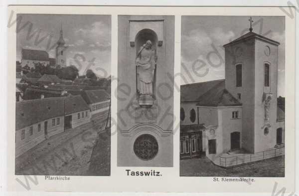  - Tašovice (Tasswitz) - Znojmo, více záběrů, kostel, socha, pohled ulicí