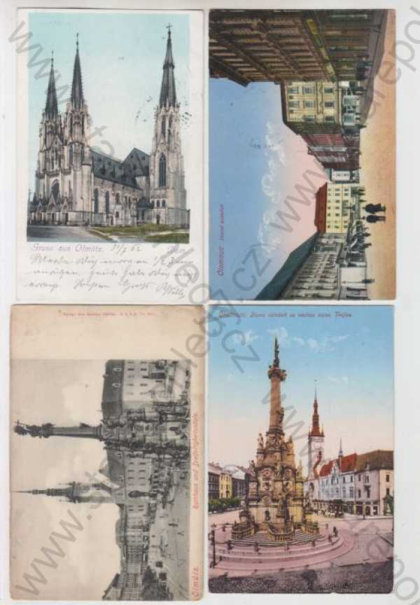  - 4x Olomouc (Olmütz), Dóm, náměstí, radnice, sloup, tramvaj, kůň, kočár, povoz, kolorovaná, DA
