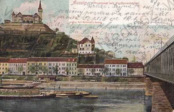  - Ústí nad Labem, Aussig, kolorovaná, celkový pohled, Větruše, most, loď, DA