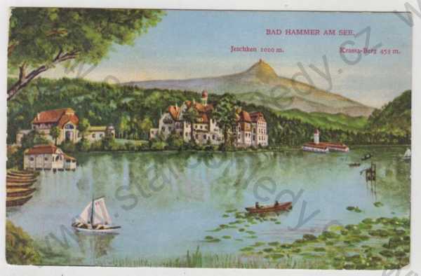  - Hamr na Jezeře (Hammer am See) - Česká Lípa, jezero, loď, plachetnice, Ještěd, kolorovaná