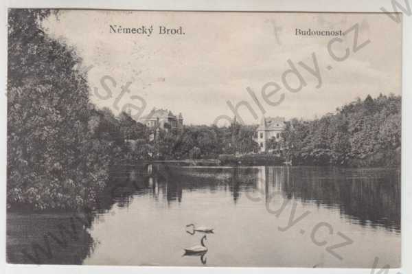  - Havlíčkův Brod (Německý Brod), rybník, labuť, Budoucnost, částečný záběr města