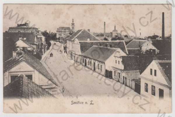  - Smiřice nad Labem (Hradec Králové), pohled ulicí, kostel, částečný záběr města