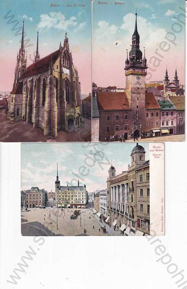  - Brno, Brünn, 3 ks, kolorovaná, radnice, náměstí, kostel