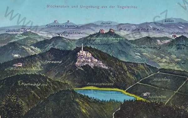  - Plešné jezero, Blöckensteinsee, Šumava, Český Krumlov, celkový pohled, mapa, barevná
