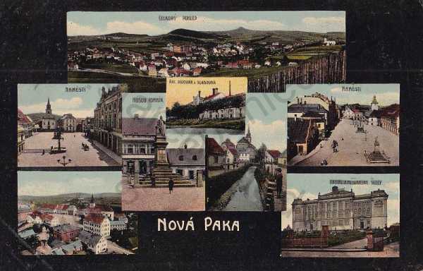  - Nová Paka (Jičín) celkový pohled, barevná, náměstí, škola, pivovar, pomník