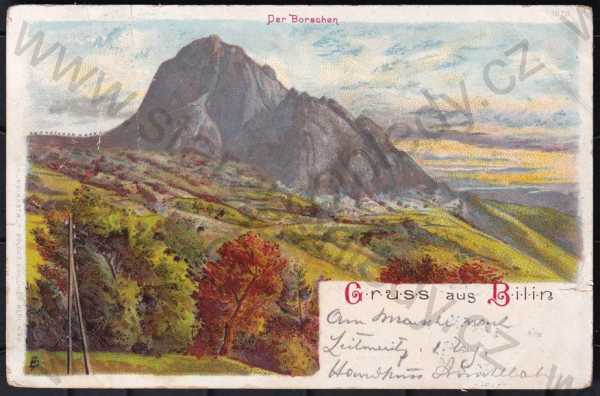  - Bílina (Bilin), Teplice, skalnatý vrch Bořeň, celkový pohled, barevná, DA