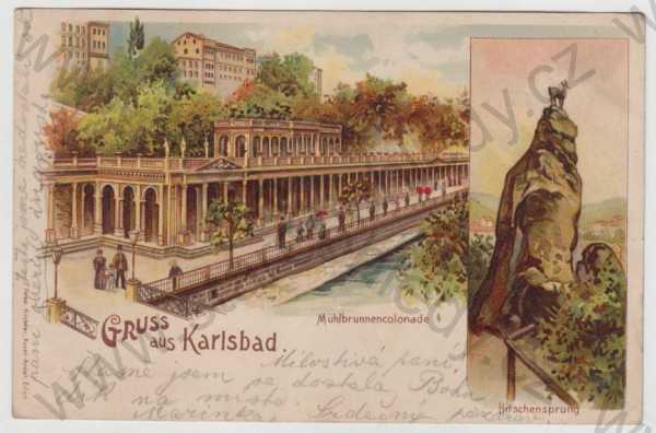  - Karlovy Vary (Karlsbad), více záběrů, kolonáda, Jelení skok, kolorovaná, DA