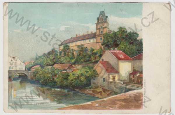  - Brandýs nad Labem (Praha - východ), řeka, most, zámek, kolorovaná, DA