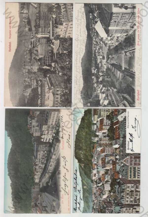  - 4x Karlovy Vary (Karlsbad), Westend, pohled ulicí, řeka, částečný záběr města, kolorovaná, DA